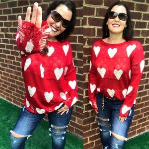 Miracle Red Long Sleeve Distressed Heart Sweater W1204-RED